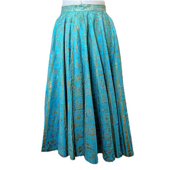 1950s MAYA de MEXICO Mayan Hieroglyph Hand Painted Aqua/Gold Circle Skirt sz. XS - Picture 2 of 14